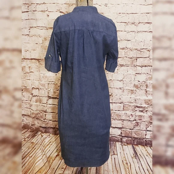 NWT Anne Klein Denim Shift Dress Zipper Neck Tab Sleeves Size 4 - Picture 6 of 8